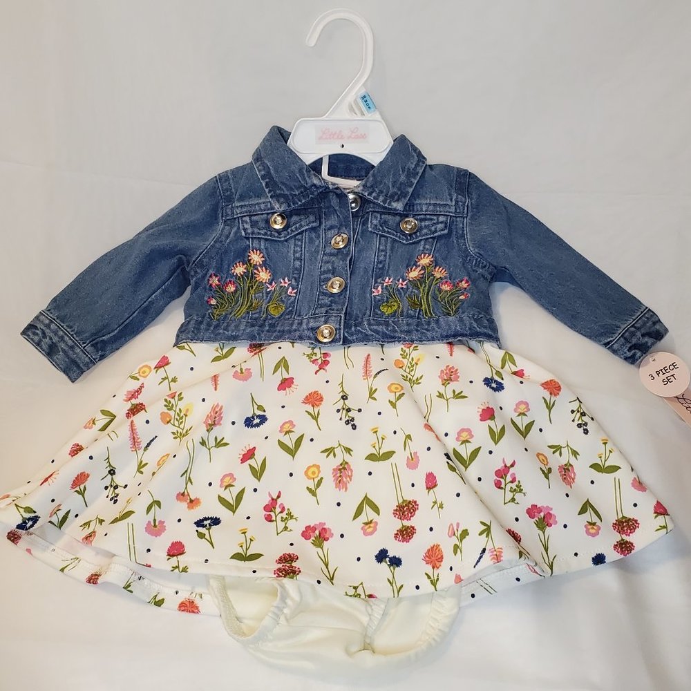 NWT Little Lass Girls 3-6 mth Floral Print Dress w/ Demin Jacket, & Diaper Cover